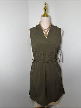 Olive Green Sleeveless Drawstring Dress